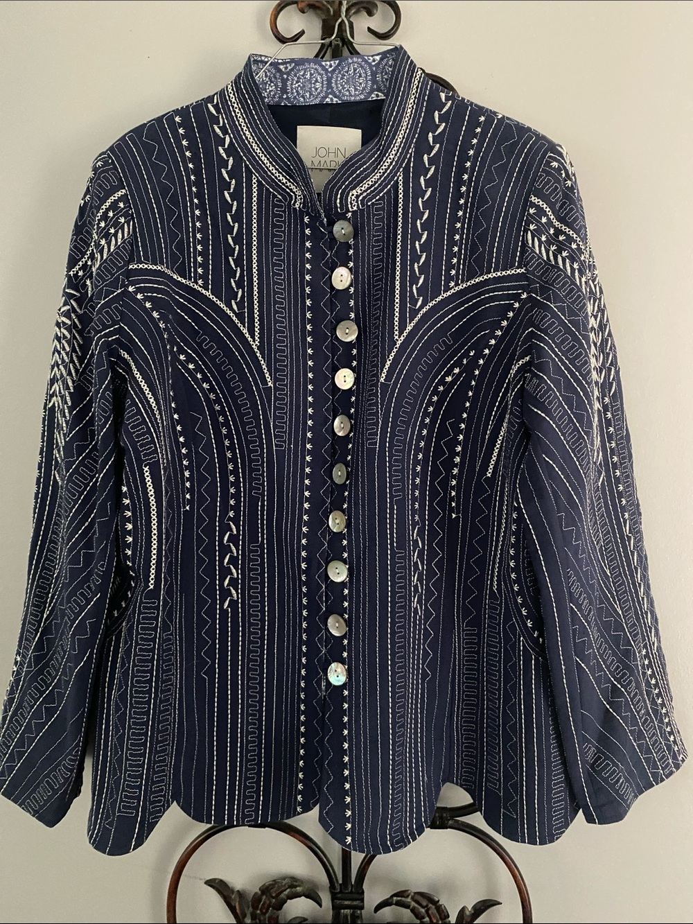 John Mark Navy Button-Front Embroidered Jacket